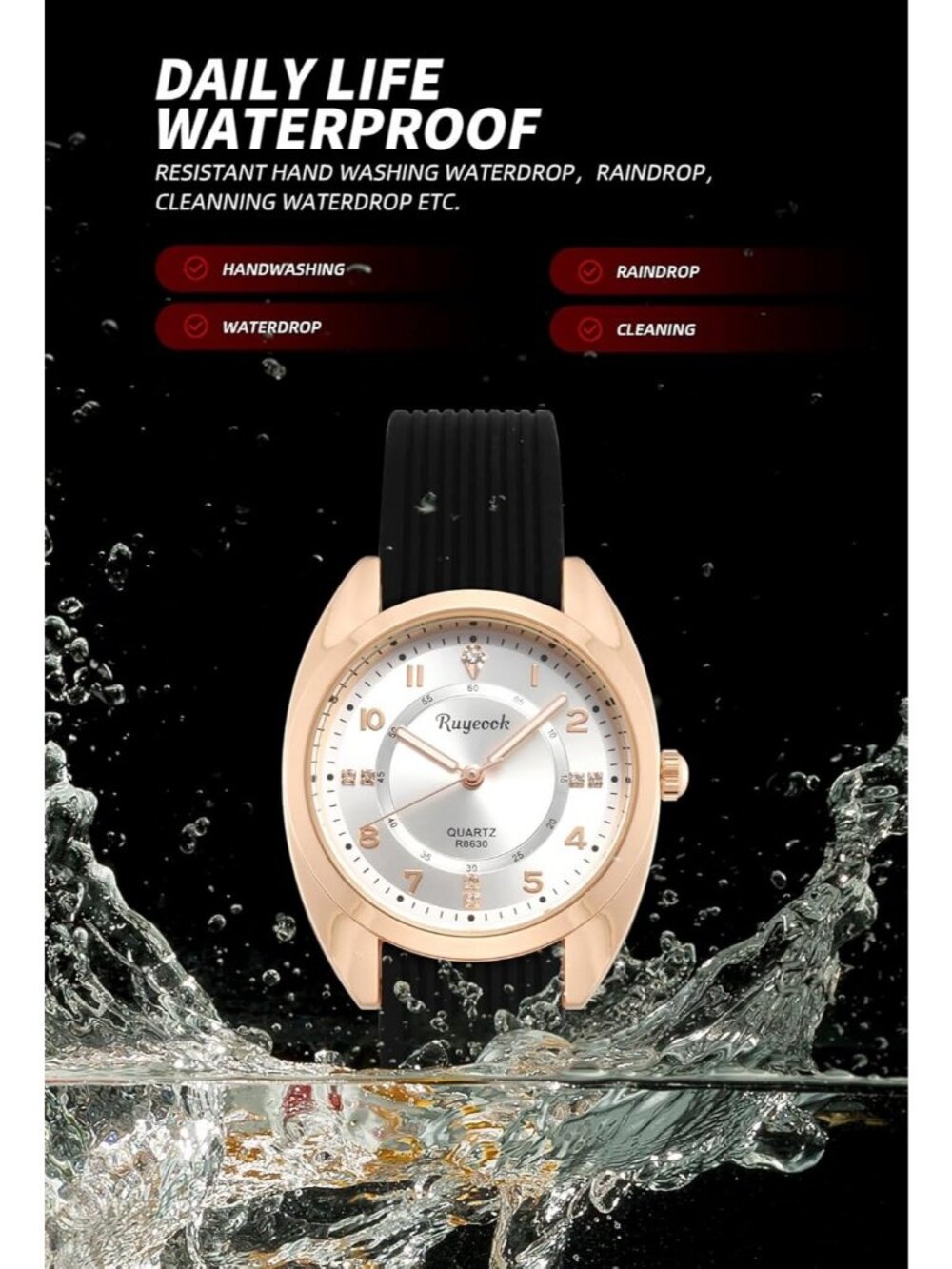Women's Black White Analog Quartz Elegant Silicone Band Waterproof Wrist Watch - Picture 4 of 6